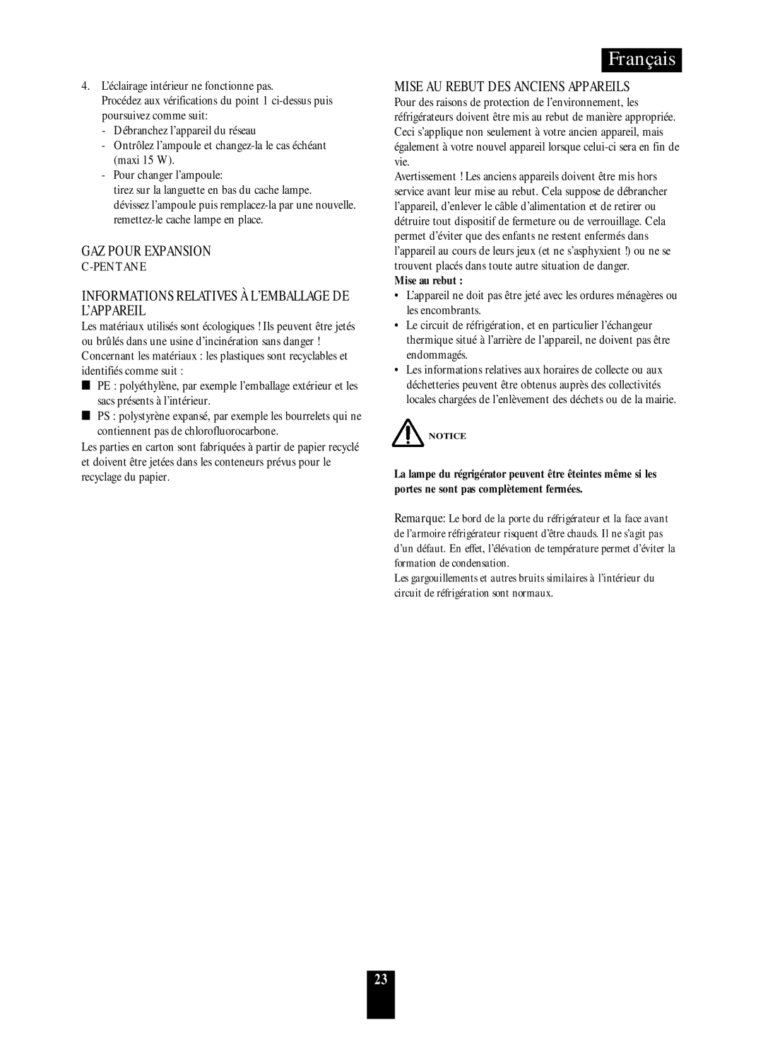 Daewoo RF-39.A GAZ Pour Expansion, Informations Relatives À L’EMBALLAGE DE L’APPAREIL, Mise AU Rebut DES Anciens Appareils 