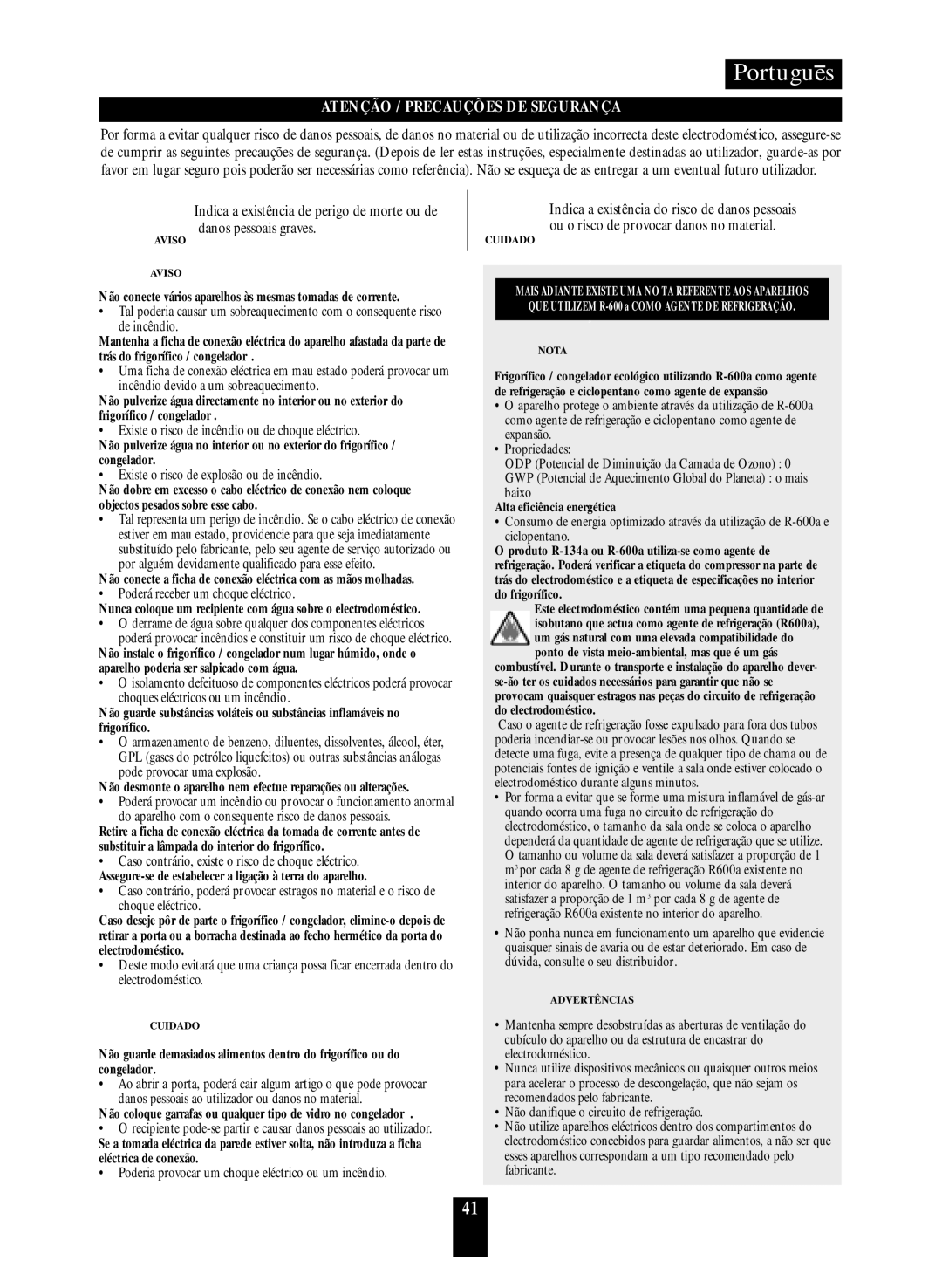 Daewoo ERF-38.A, ERF-36.A, RF-39.A, ERF-41.A manual Assegure-se de estabelecer a ligação à terra do aparelho 