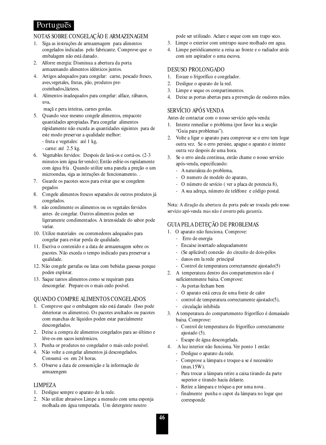 Daewoo ERF-36.A manual Limpeza, Servício Após Venda, Guia Pela Deteção DE Problemas, Notas Sobre Congelação E Armazenagem 