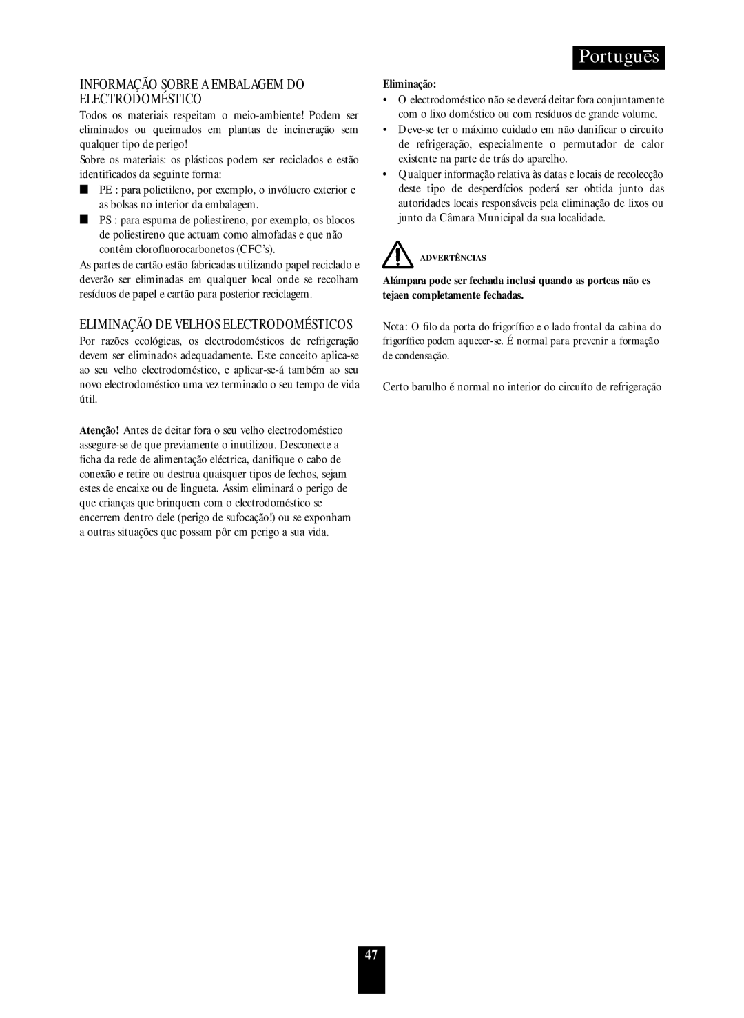 Daewoo RF-39.A manual Portugues, Informação Sobre A Embalagem Do Electrodoméstico, Eliminação De Velhos Electrodomésticos 