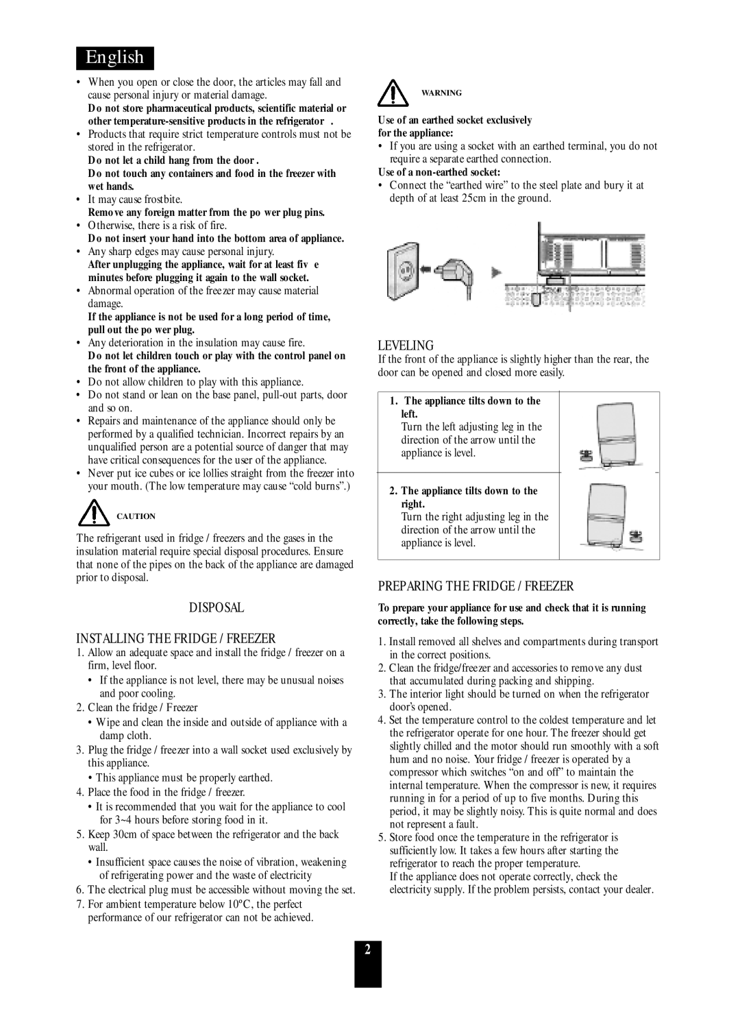 Daewoo ERF-33.M, ERF-36.M, ERF-41.M manual Disposal Installing the Fridge / Freezer, Leveling, Preparing the Fridge / Freezer 