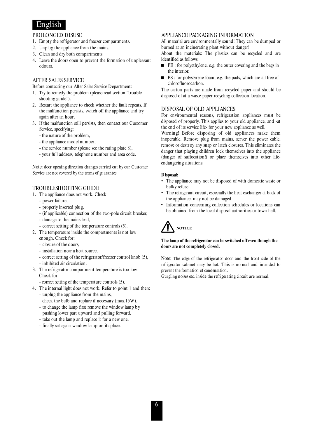 Daewoo ERF-39.M, ERF-36.M Prolonged Disuse, After Sales Service, Troubleshooting Guide, Appliance Packaging Information 