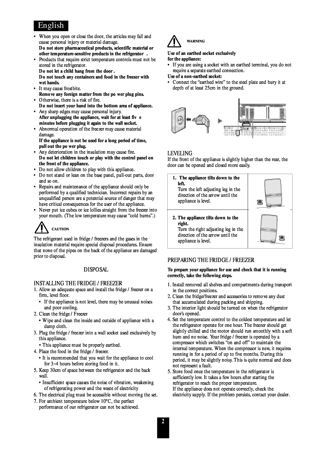 Daewoo ERF-33.M, ERF-36.M manual Disposal Installing The Fridge / Freezer, Leveling, Preparing The Fridge / Freezer, English 