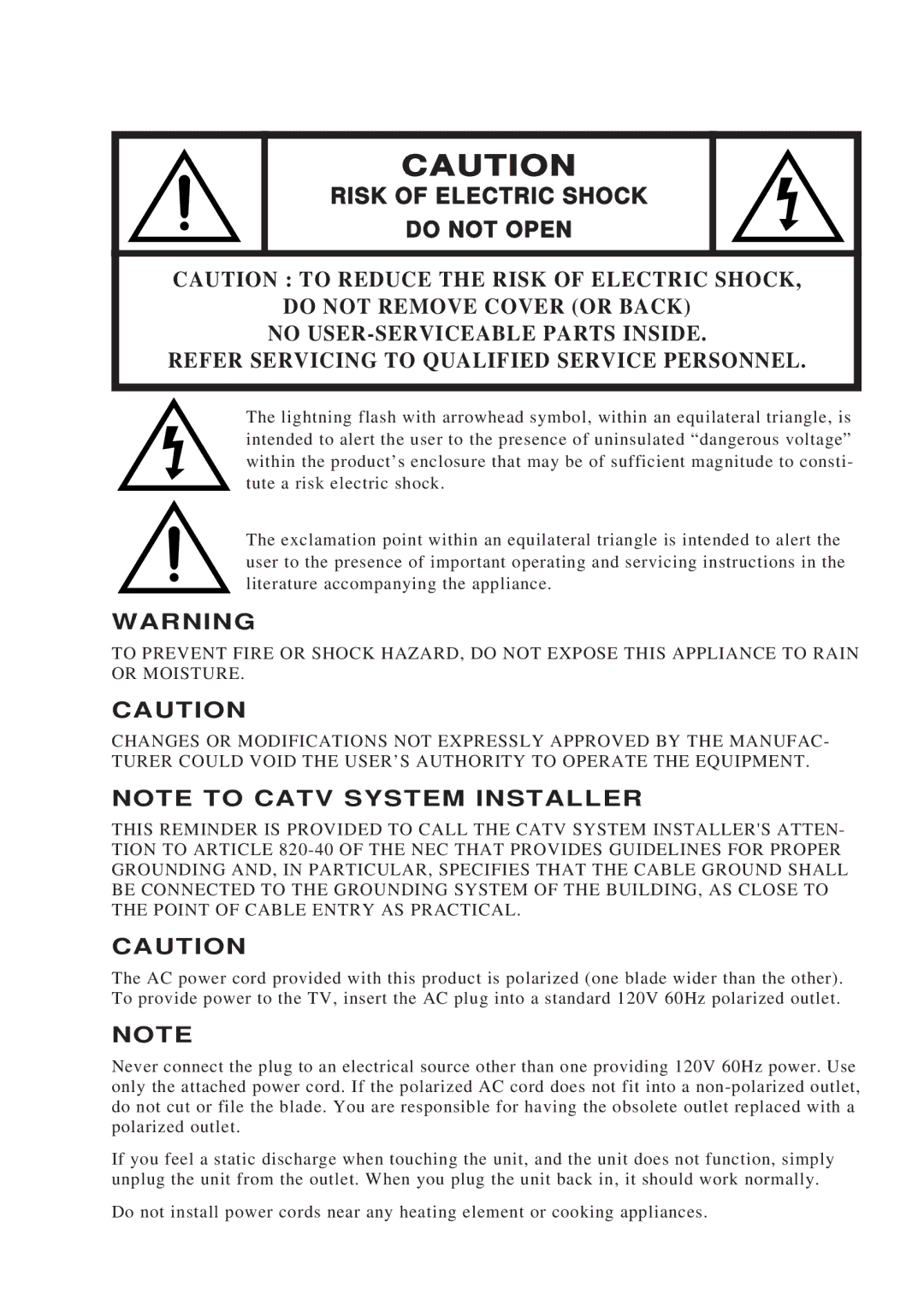 Daewoo ET 19P2, ET 13P2 instruction manual Risk of Electric Shock 