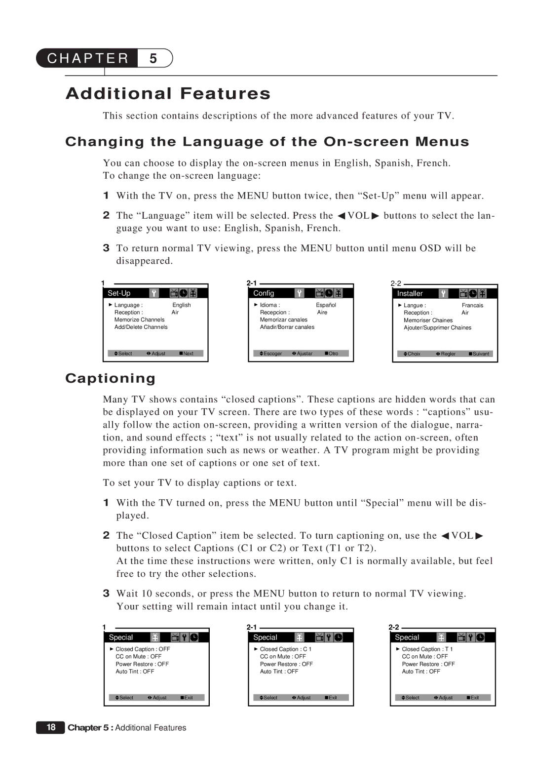 Daewoo ET 13P2, ET 19P2 instruction manual Additional Features, Changing the Language of the On-screen Menus, Captioning 