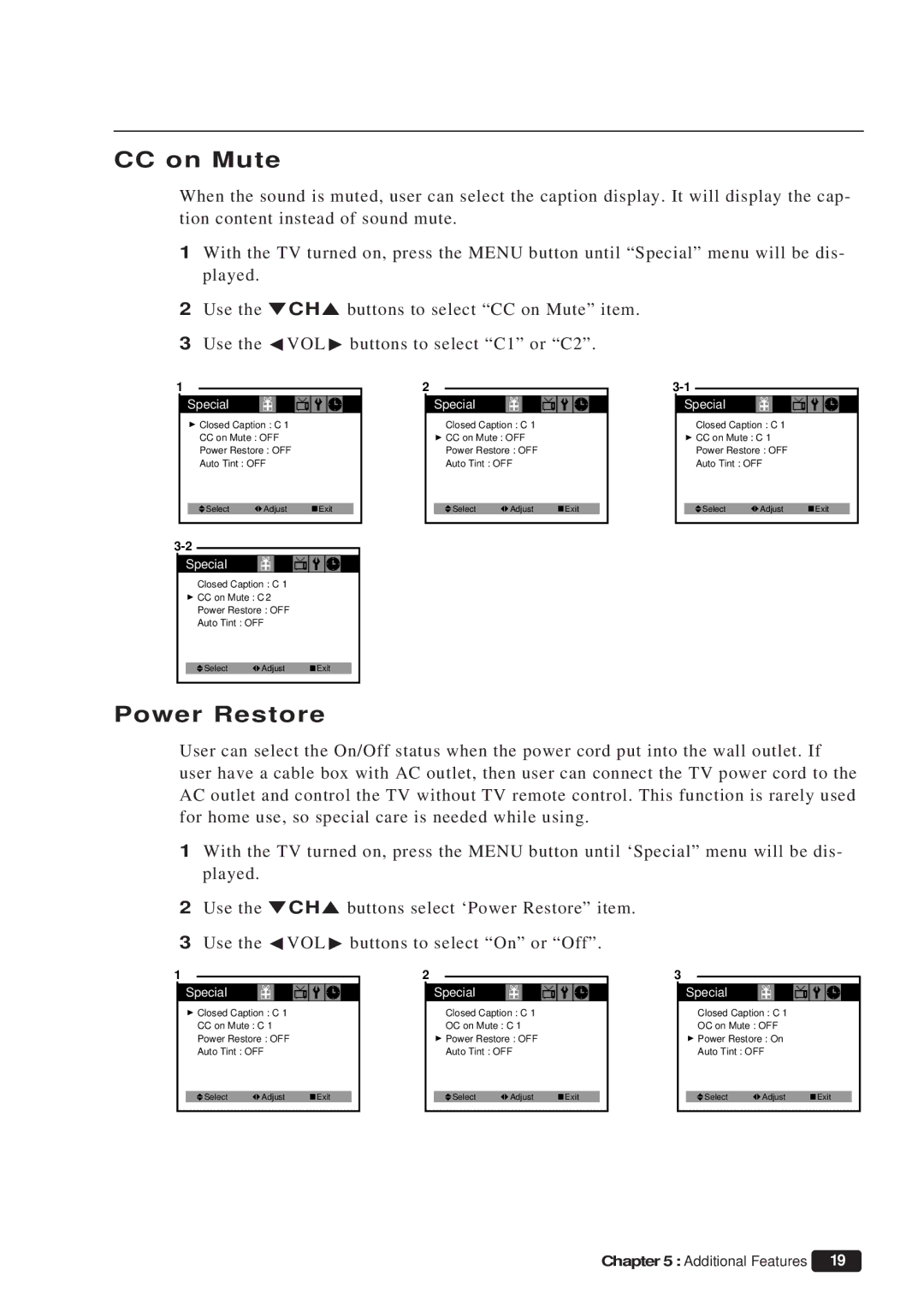 Daewoo ET 19P2, ET 13P2 instruction manual CC on Mute, Power Restore 