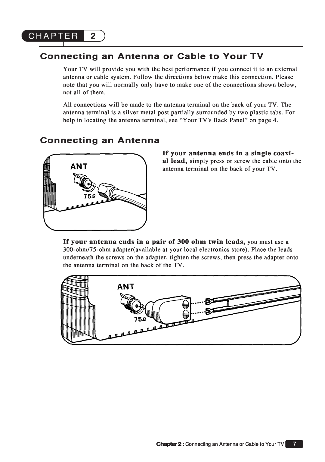 Daewoo ET 19P2, ET 13P2 instruction manual Connecting an Antenna or Cable to Your TV, C H A P T E R 