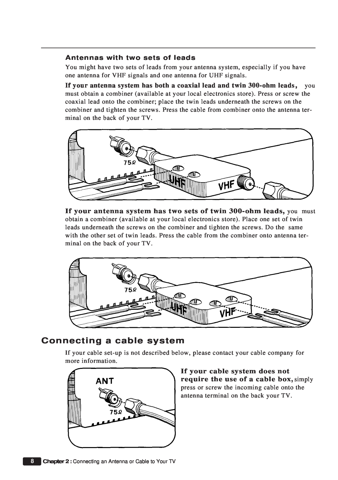 Daewoo ET 13P2, ET 19P2 instruction manual Connecting a cable system, Antennas with two sets of leads 