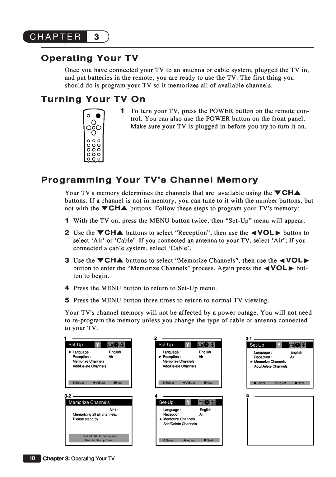 Daewoo ET 13P2, ET 19P2 Operating Your TV, Turning Your TV On, Programming Your TVs Channel Memory, C H A P T E R 