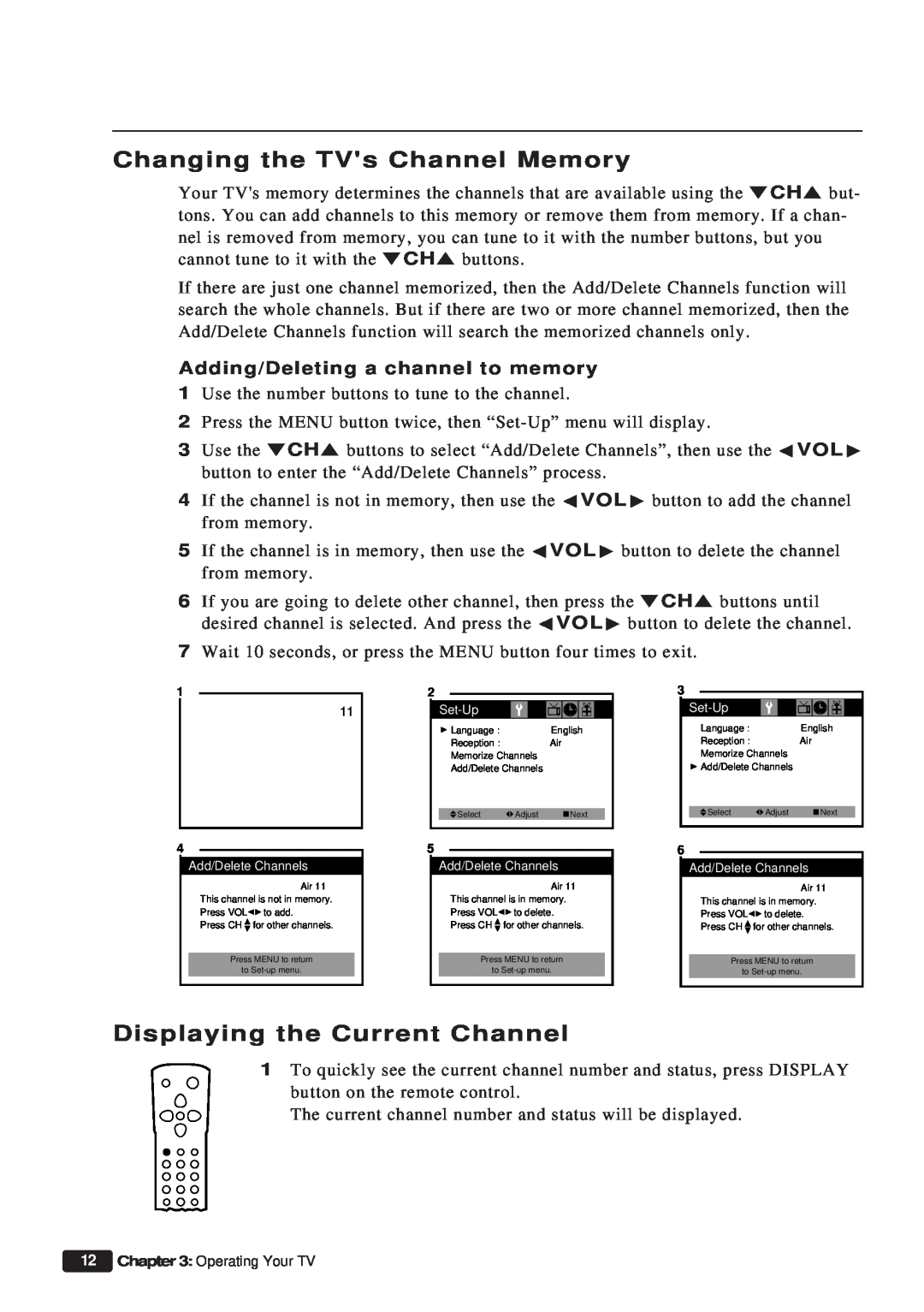 Daewoo ET 13P2 Changing the TVs Channel Memory, Displaying the Current Channel, Adding/Deleting a channel to memory 