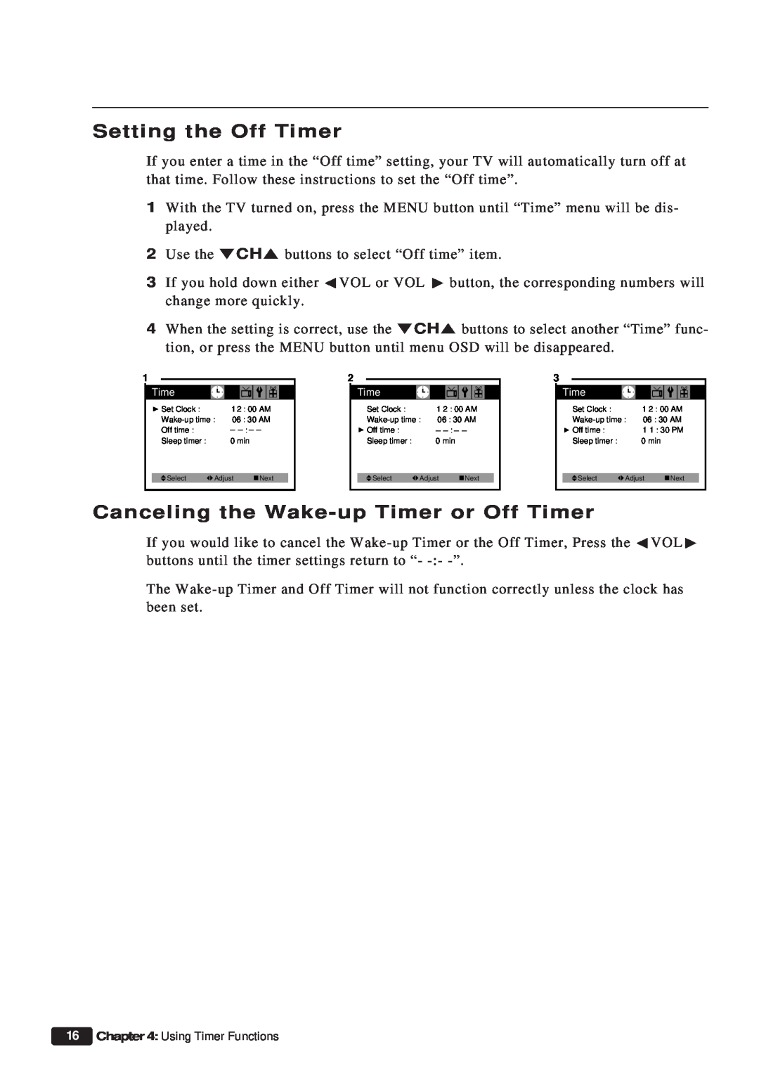 Daewoo ET 13P2, ET 19P2 Setting the Off Timer, Canceling the Wake-up Timer or Off Timer, Using Timer Functions 