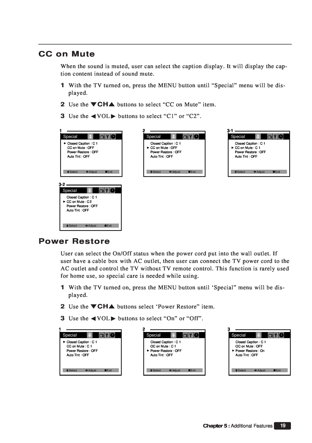 Daewoo ET 19P2, ET 13P2 instruction manual CC on Mute, Power Restore, Additional Features 