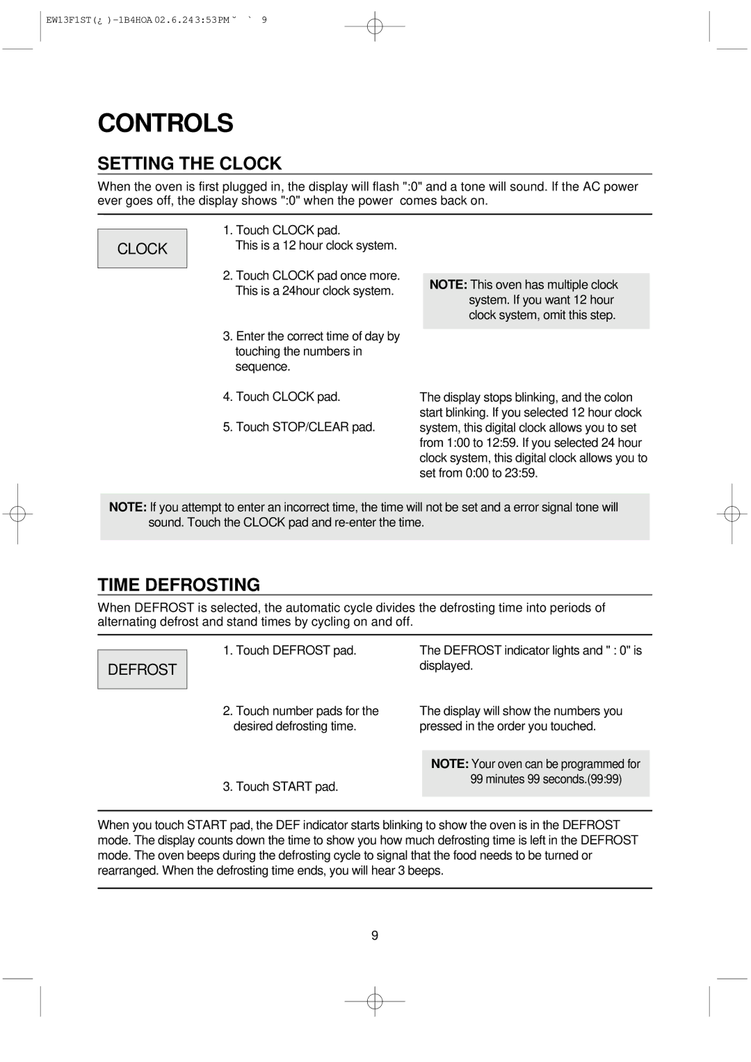 Daewoo EW13F1ST manual Controls, Setting the Clock, Time Defrosting 