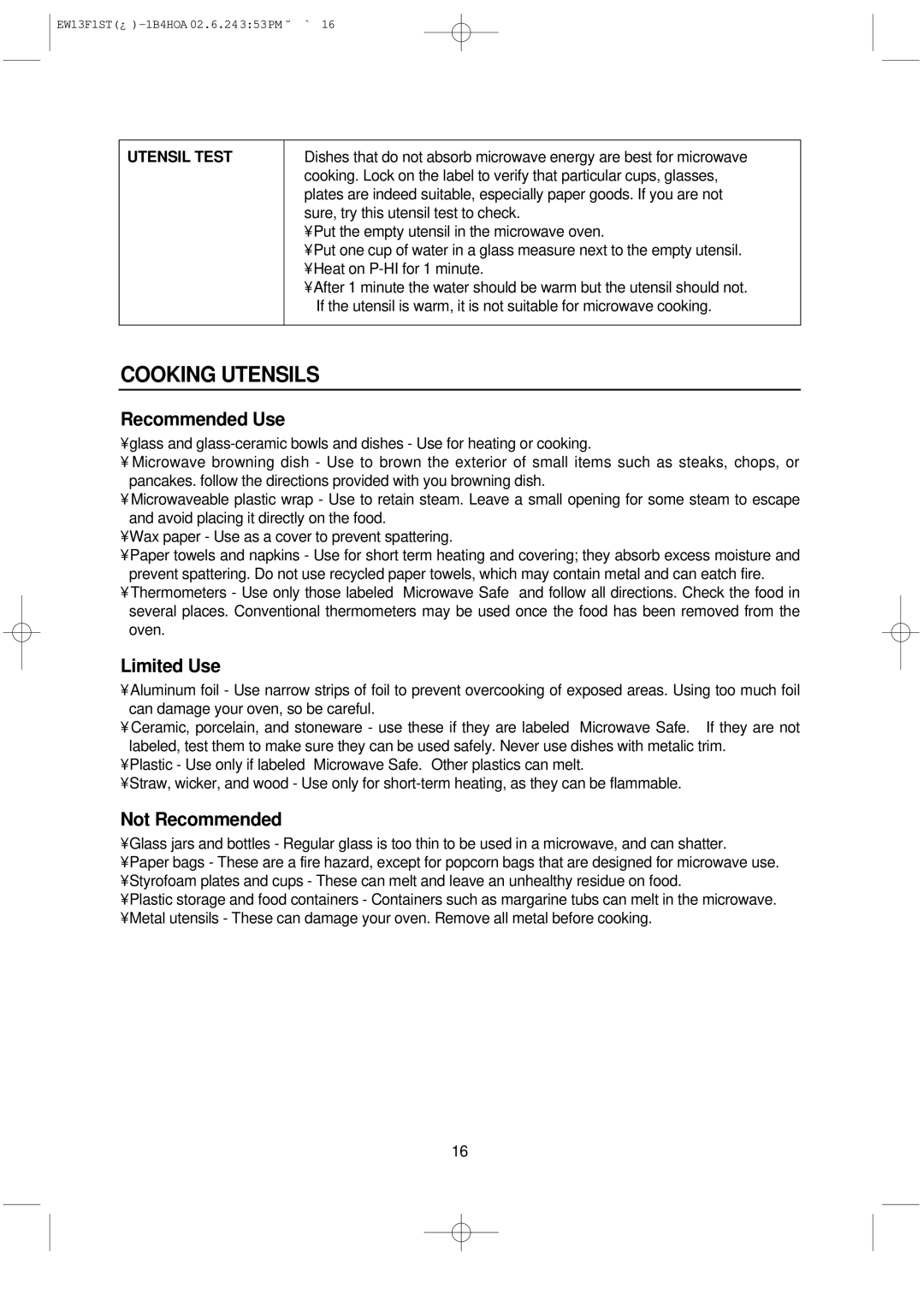 Daewoo EW13F1ST manual Cooking Utensils, Utensil Test 