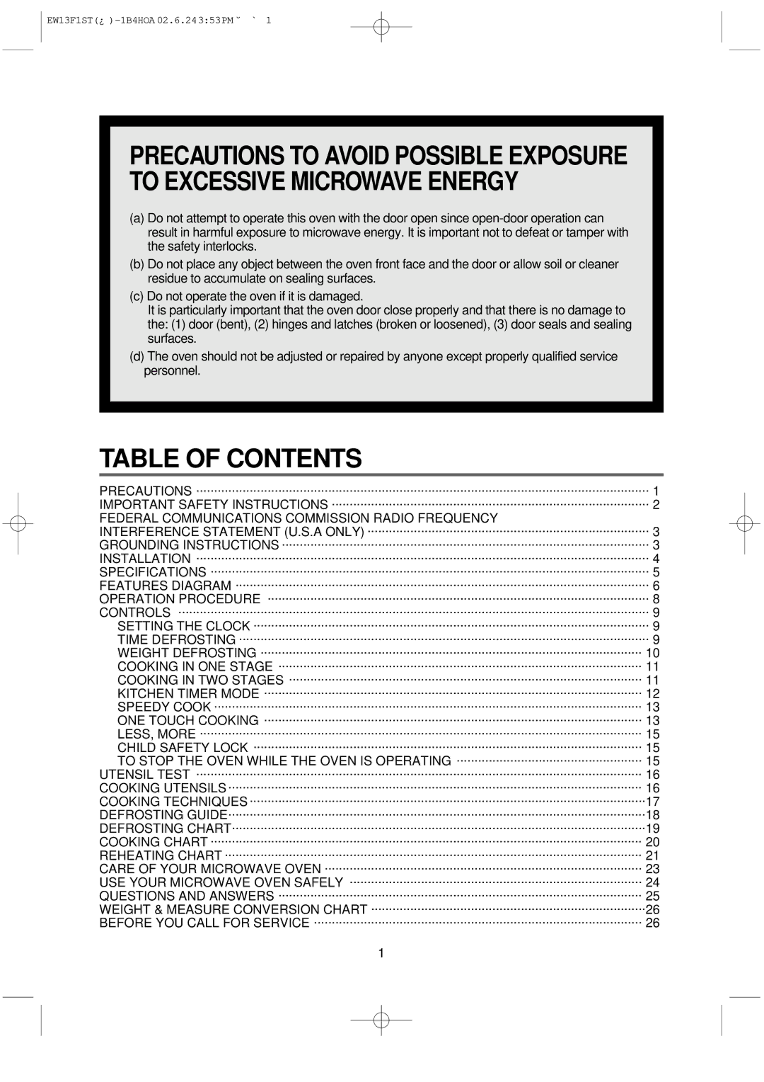 Daewoo EW13F1ST manual Table of Contents 