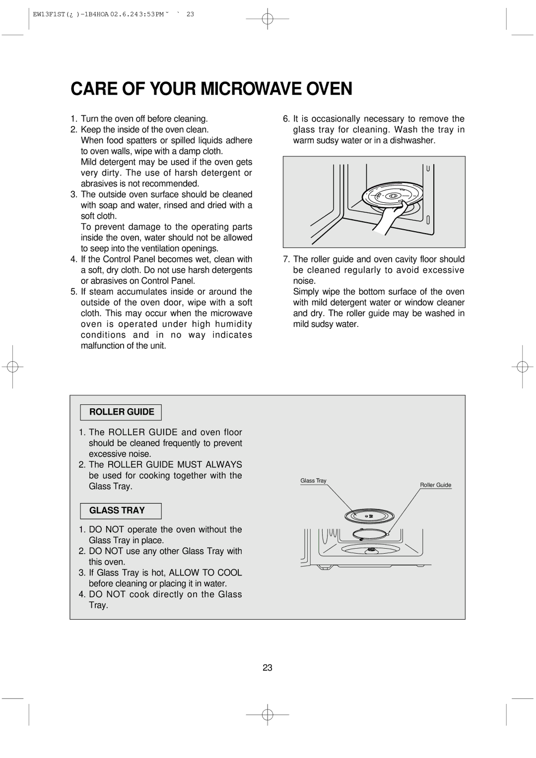 Daewoo EW13F1ST manual Care of Your Microwave Oven, Roller Guide, Glass Tray 