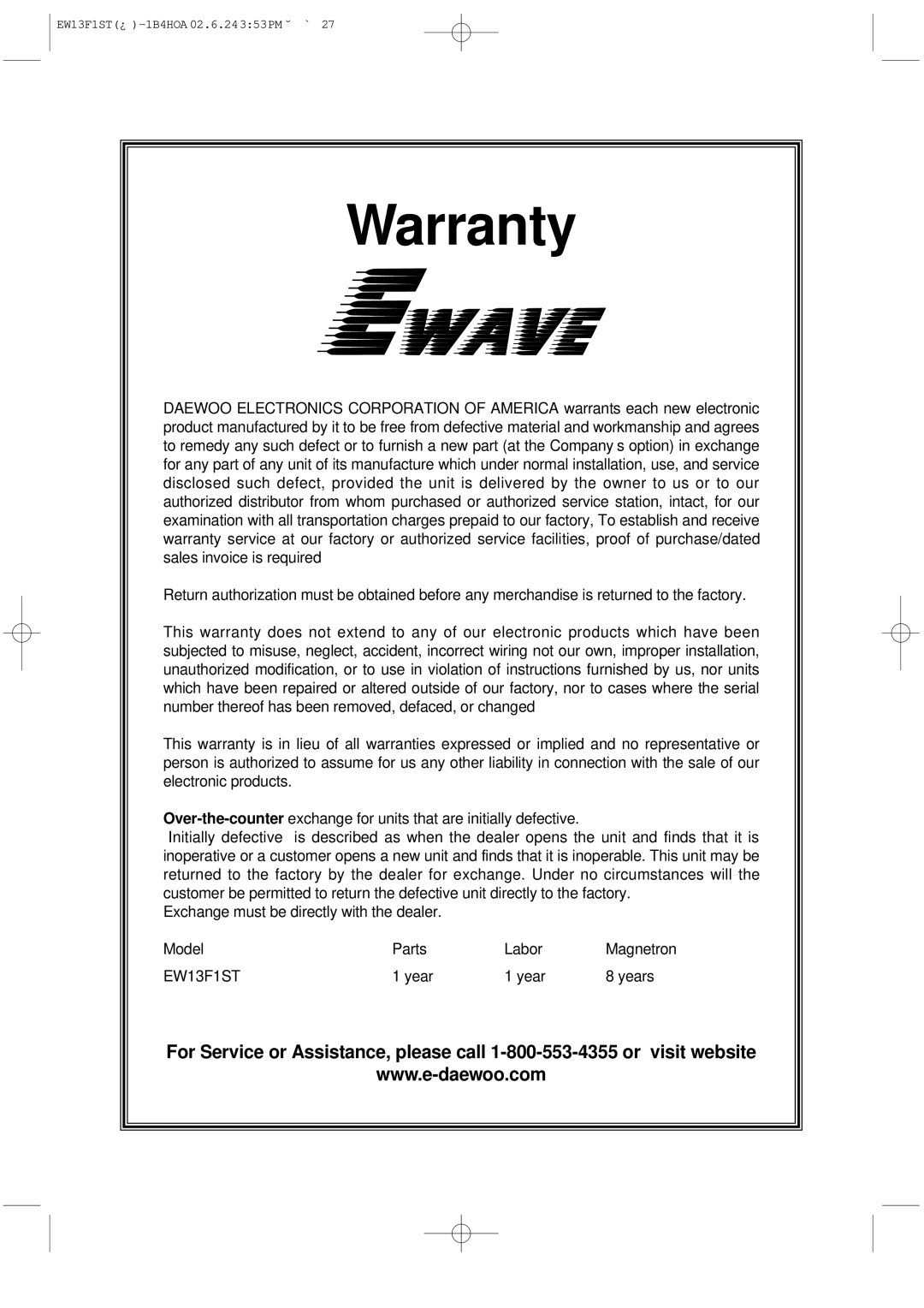 Daewoo EW13F1ST manual Warranty, Year Years 