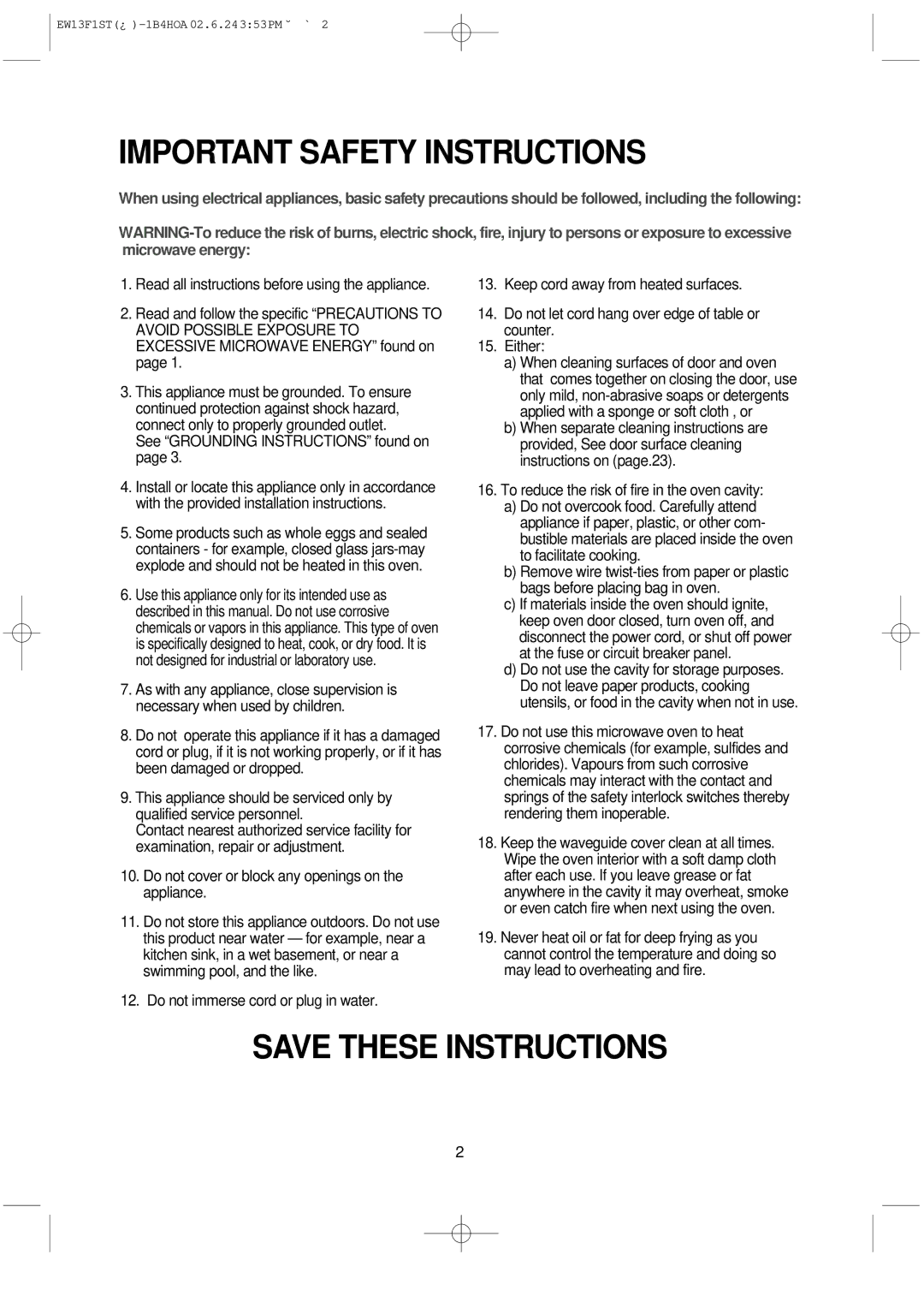 Daewoo EW13F1ST manual Important Safety Instructions, See Grounding Instructions found on 