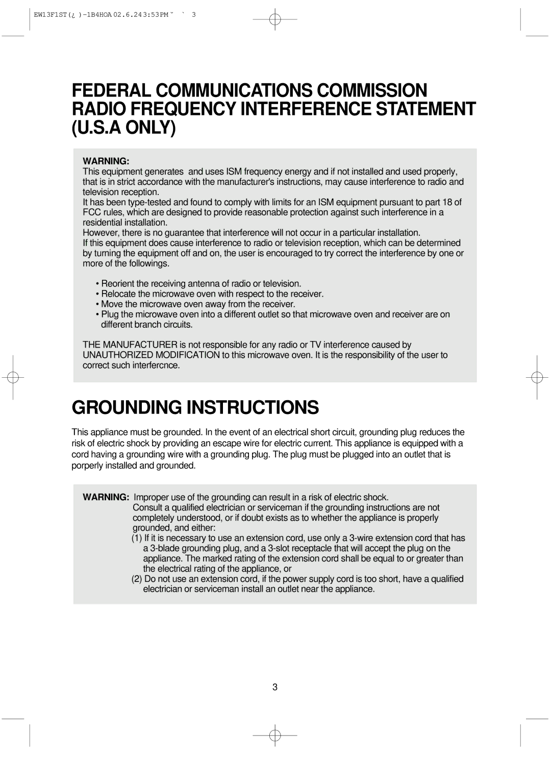 Daewoo EW13F1ST manual Grounding Instructions 