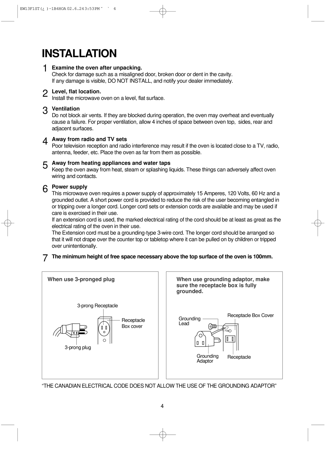 Daewoo EW13F1ST manual Installation 