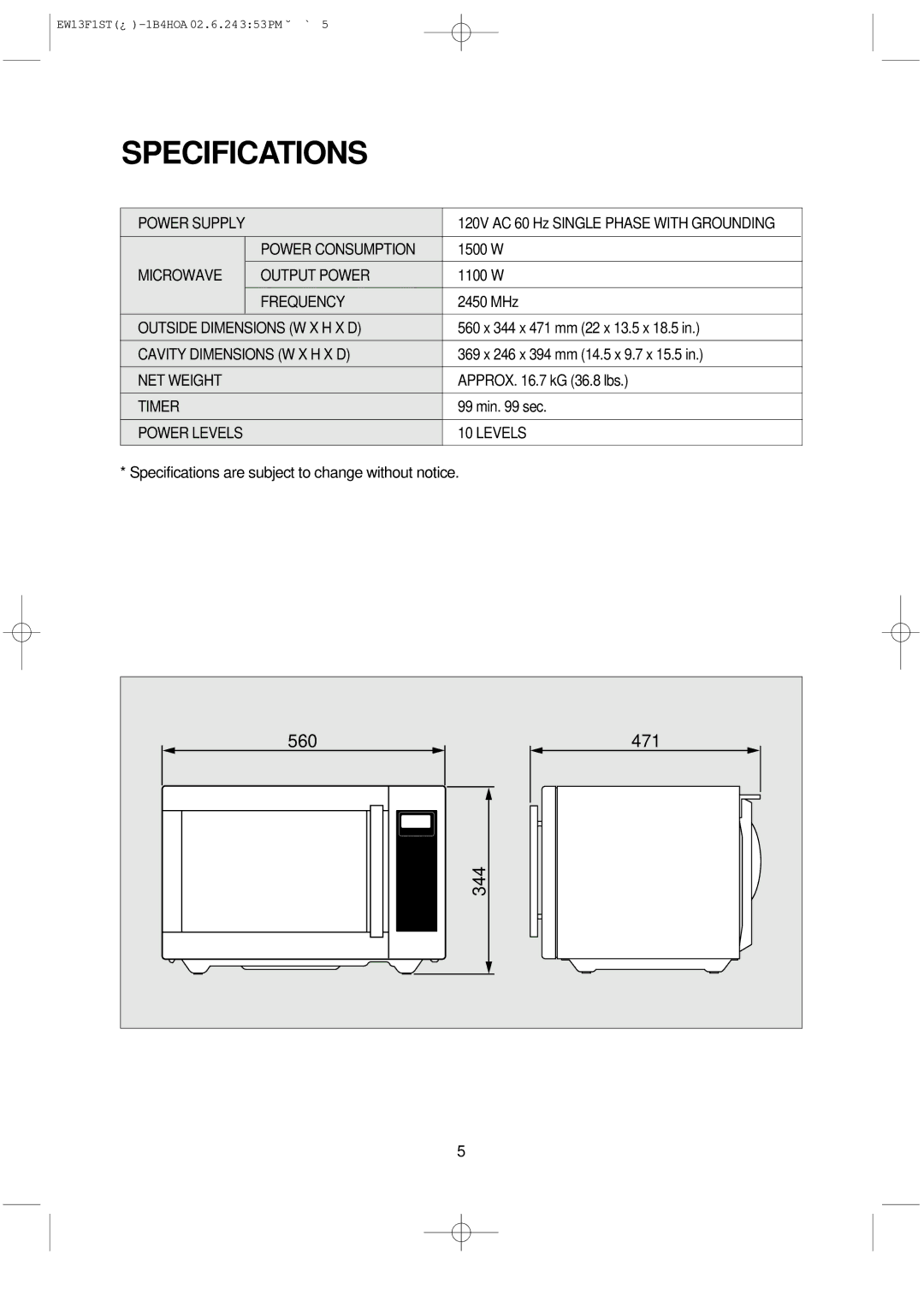 Daewoo EW13F1ST manual Specifications 