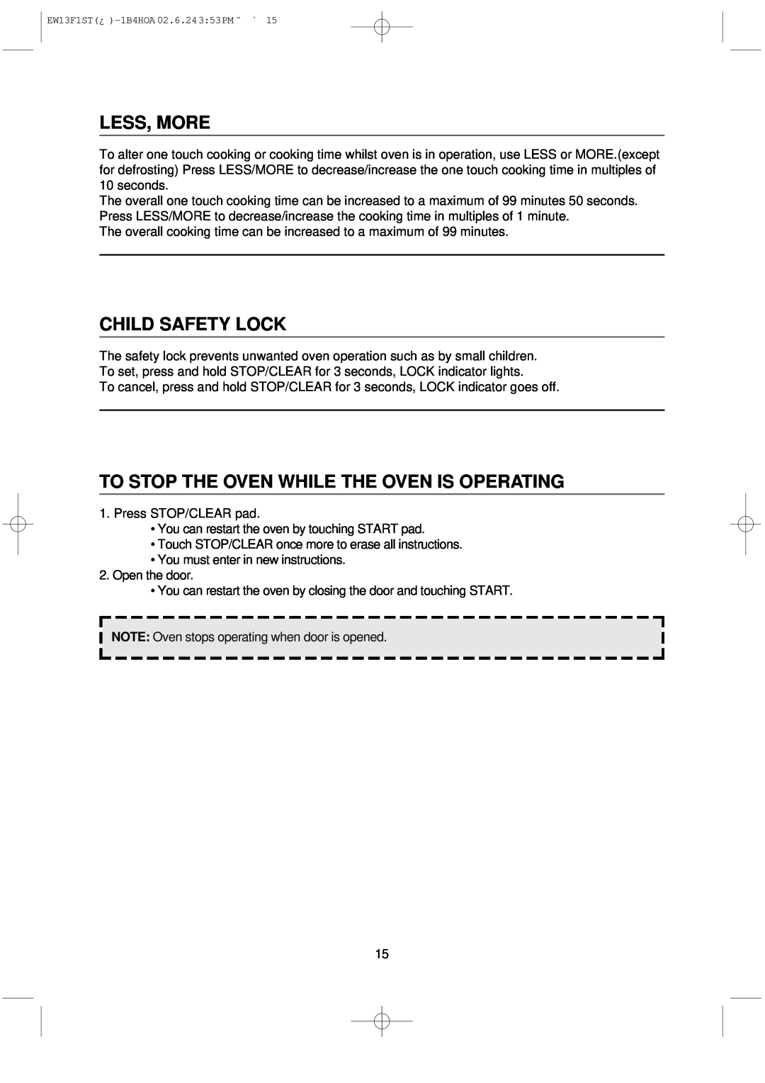 Daewoo EW13F1ST manual Less, More, Child Safety Lock, To Stop The Oven While The Oven Is Operating 