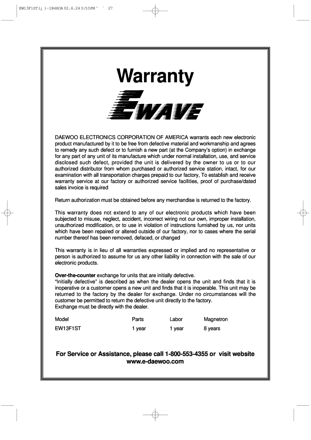 Daewoo EW13F1ST manual Warranty 