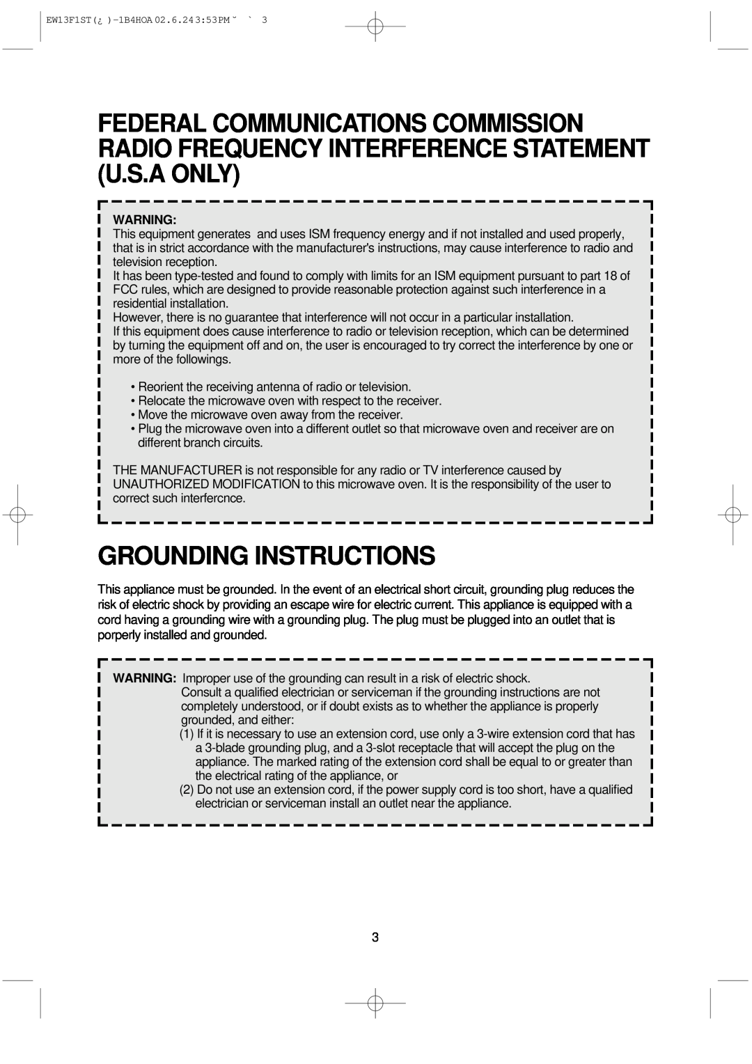 Daewoo EW13F1ST manual Grounding Instructions 