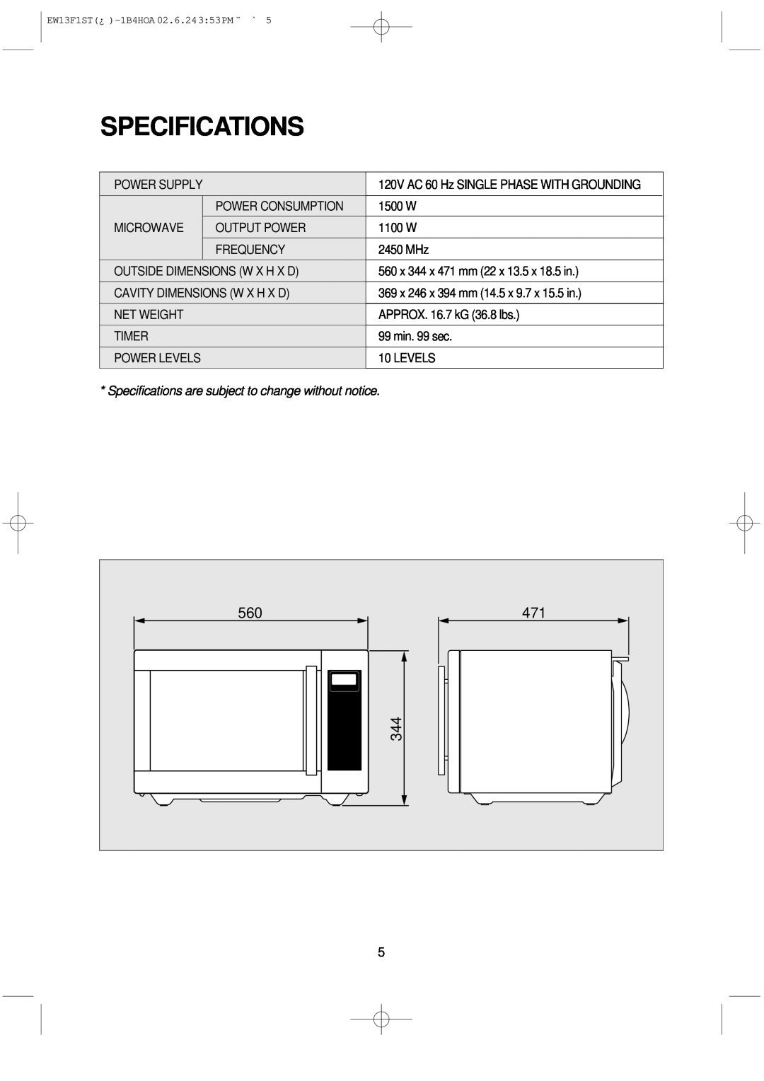 Daewoo EW13F1ST manual Specifications are subject to change without notice 