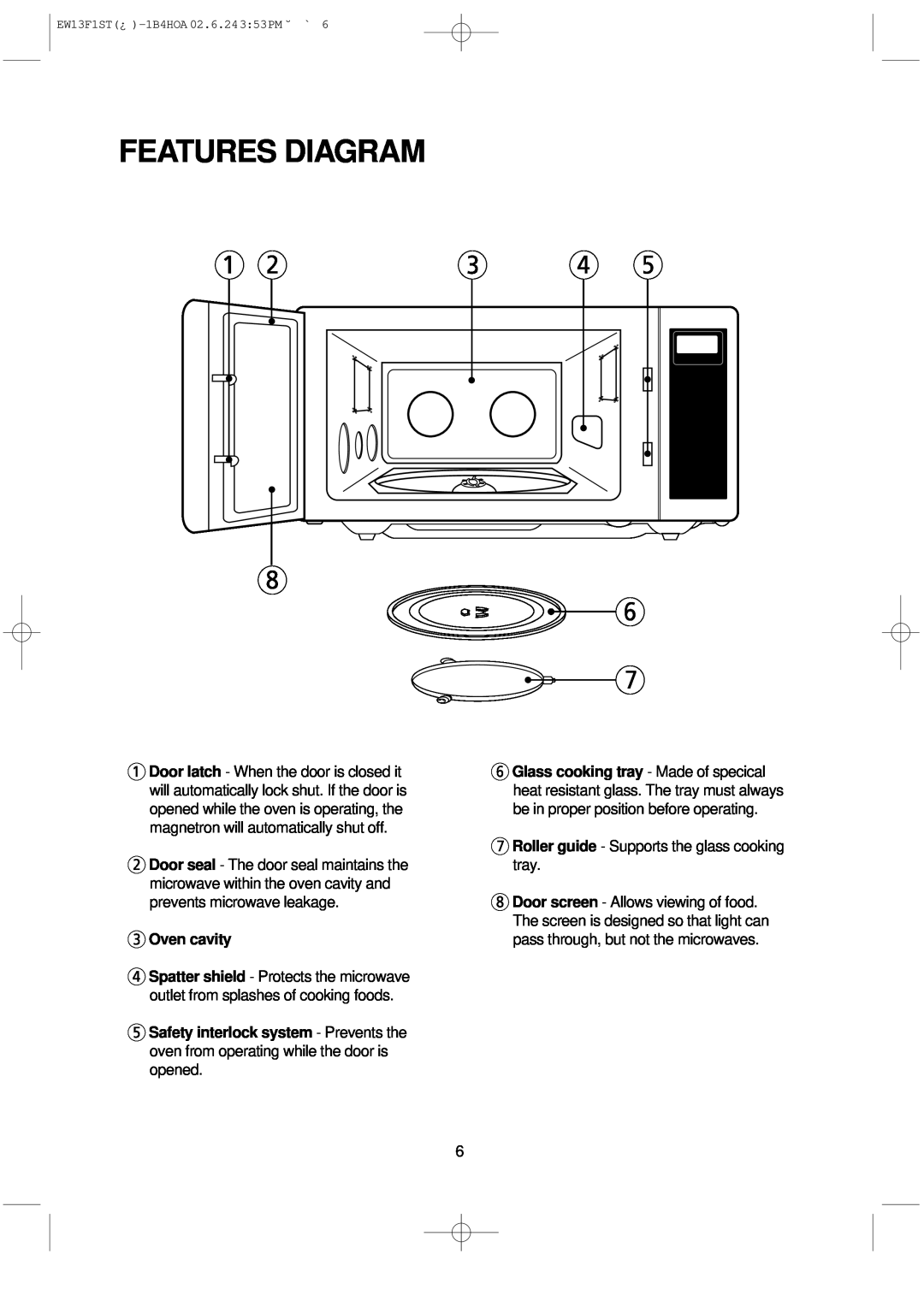 Daewoo EW13F1ST manual Features Diagram, Oven cavity 