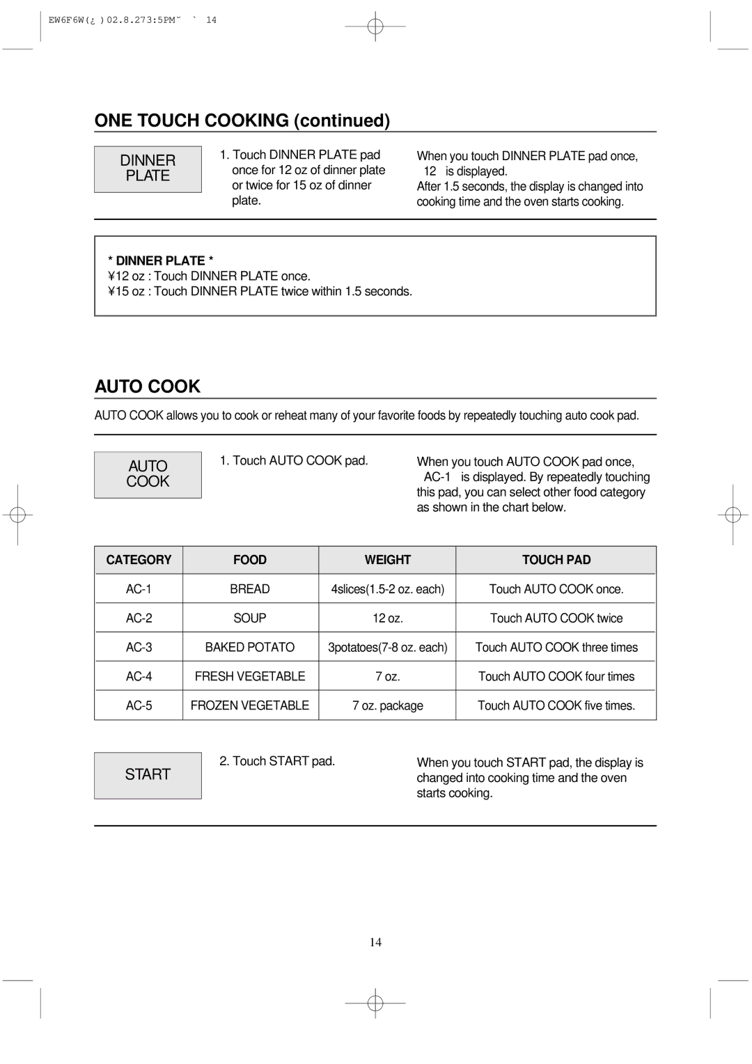 Daewoo EW6F6W instruction manual Auto Cook, Dinner Plate, Start 