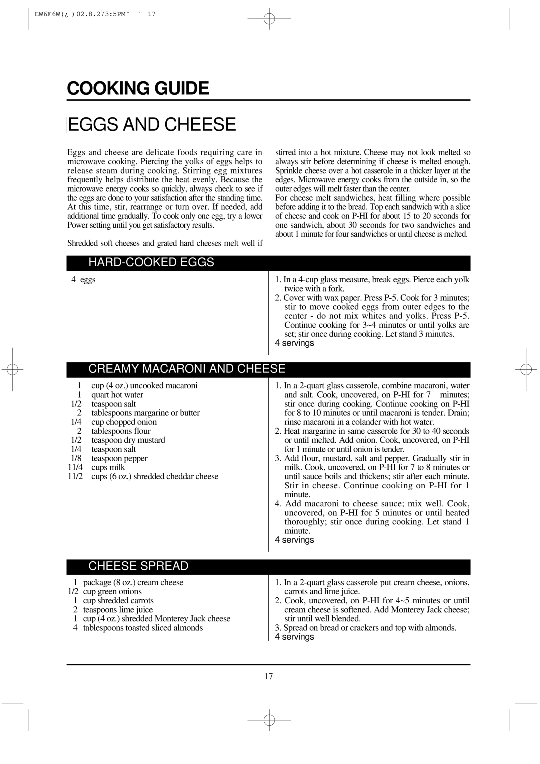 Daewoo EW6F6W instruction manual Eggs and Cheese, HARD-COOKED Eggs, Creamy Macaroni and Cheese, Cheese Spread 