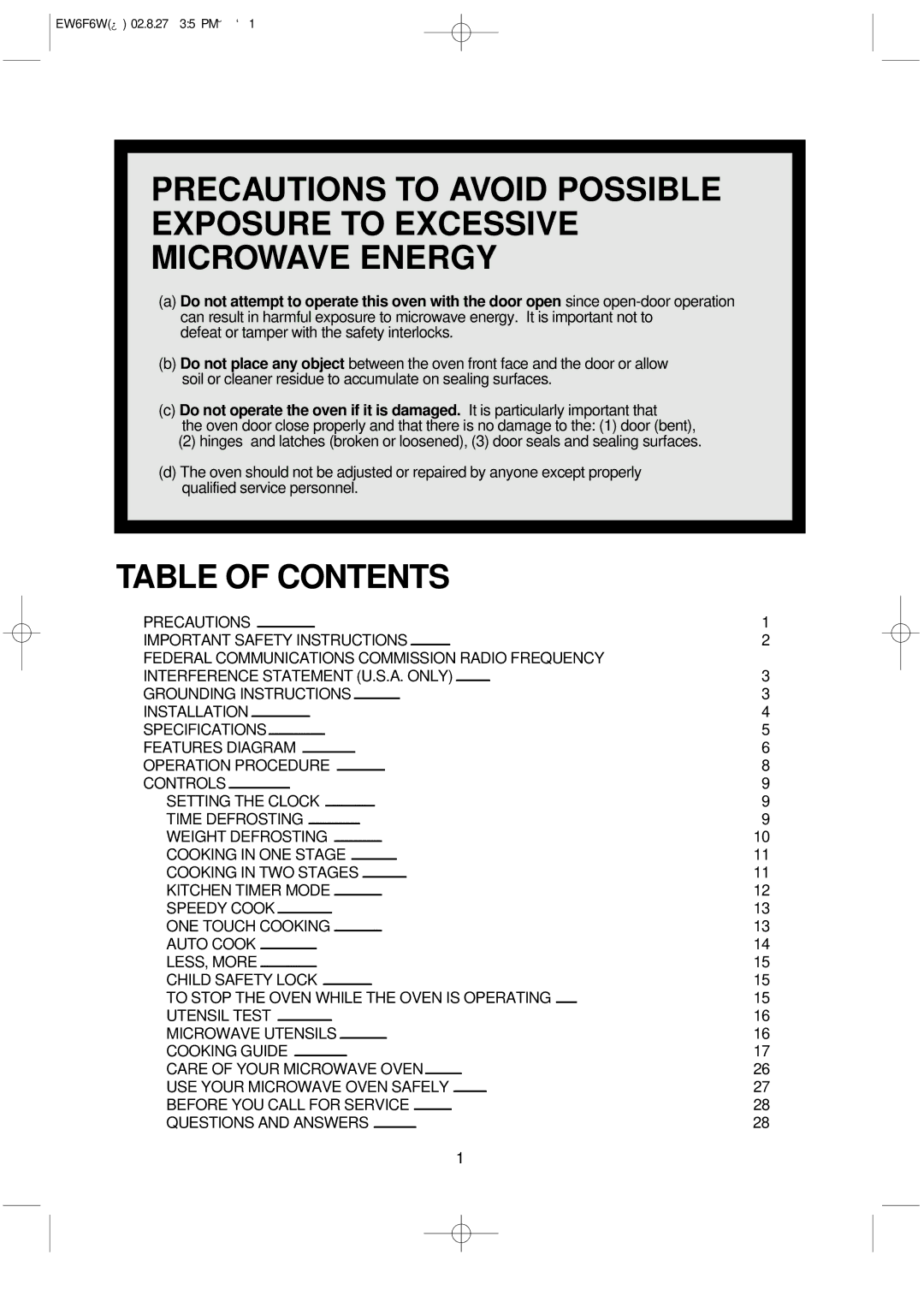 Daewoo EW6F6W instruction manual Table of Contents 