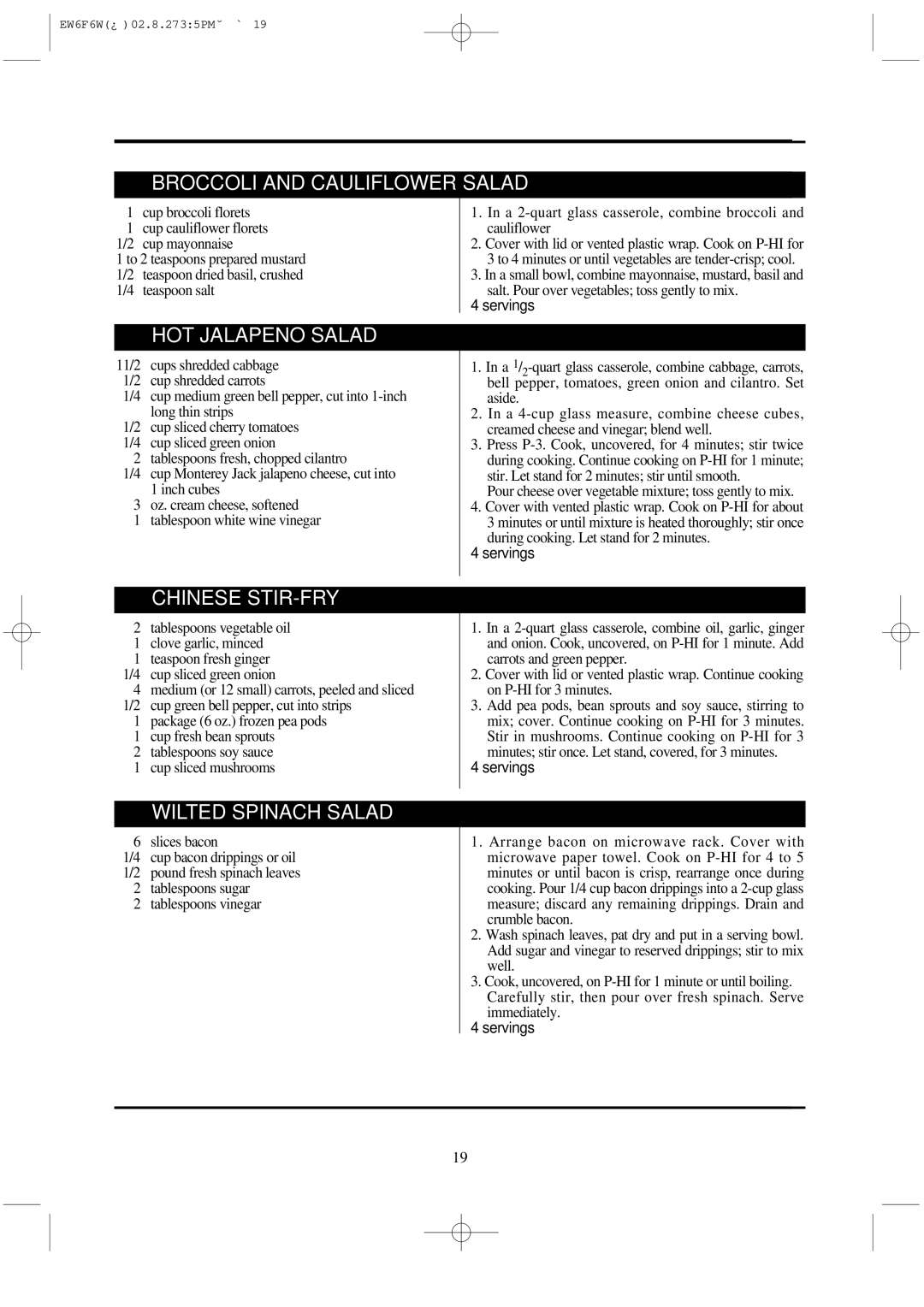Daewoo EW6F6W instruction manual Broccoli and Cauliflower Salad, HOT Jalapeno Salad, Chinese STIR-FRY, Wilted Spinach Salad 