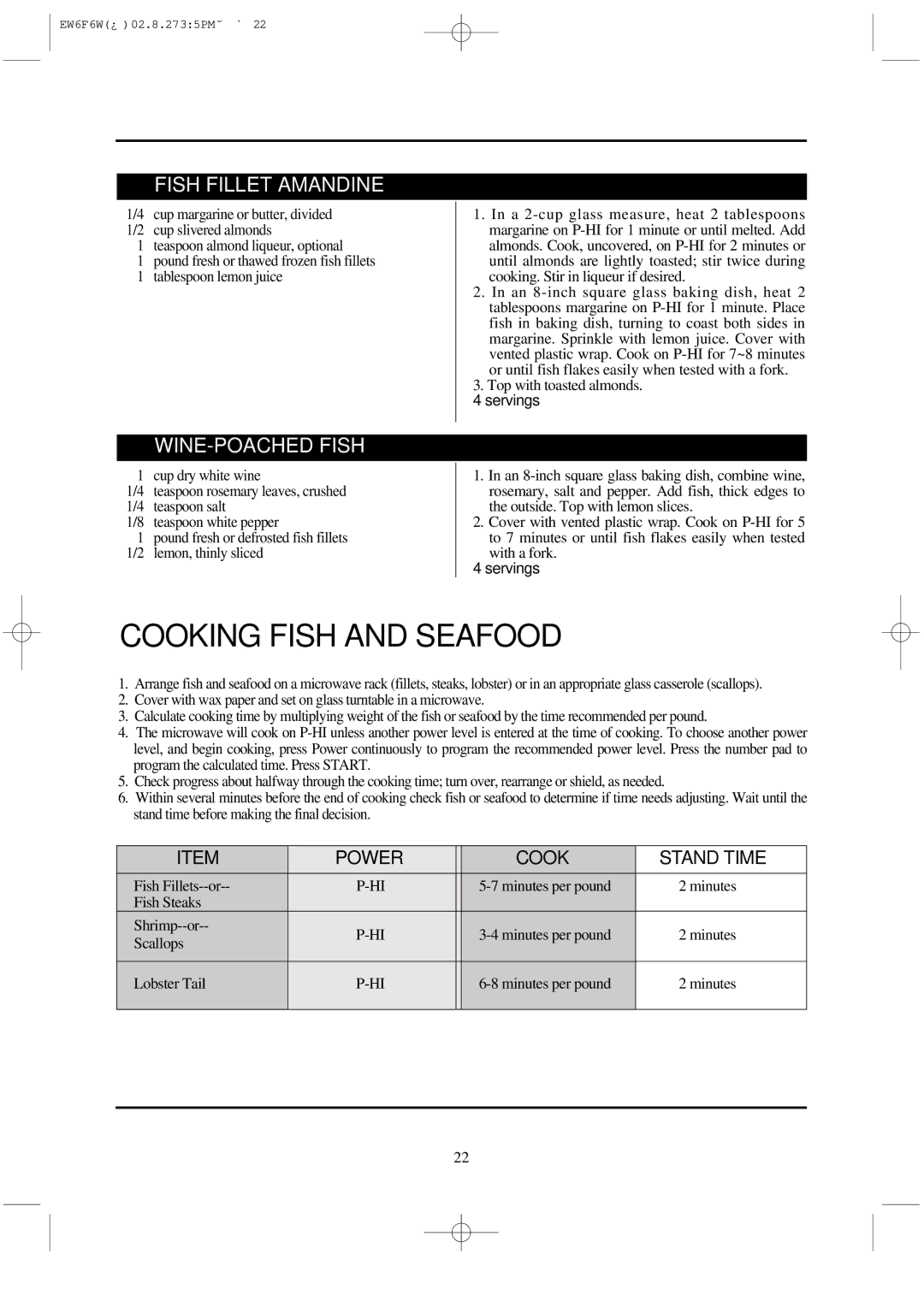 Daewoo EW6F6W instruction manual Cooking Fish and Seafood, Fish Fillet Amandine, WINE-POACHED Fish 