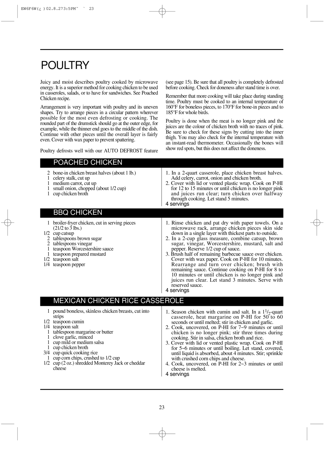 Daewoo EW6F6W instruction manual Poultry, Poached Chicken, BBQ Chicken, Mexican Chicken Rice Casserole 