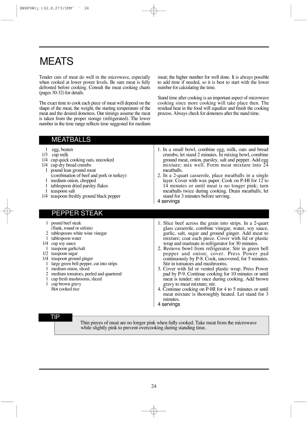 Daewoo EW6F6W instruction manual Meats, Meatballs, Pepper Steak 