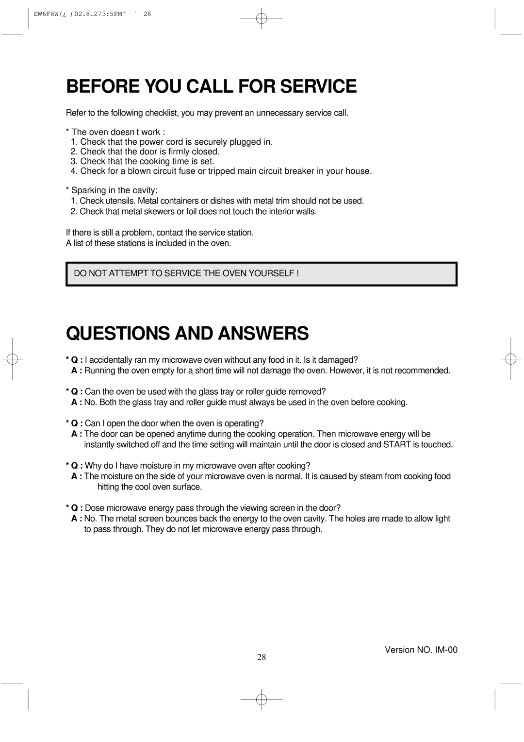 Daewoo EW6F6W instruction manual Before YOU Call for Service, Questions and Answers 