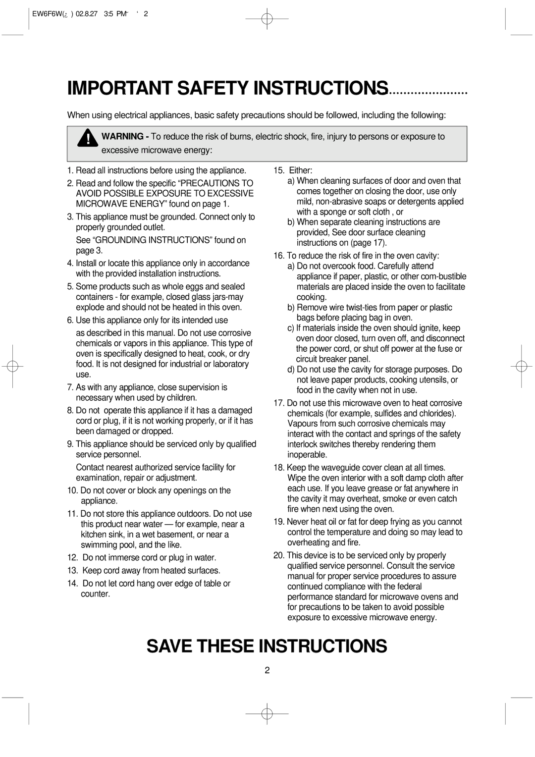 Daewoo EW6F6W instruction manual Important Safety Instructions 