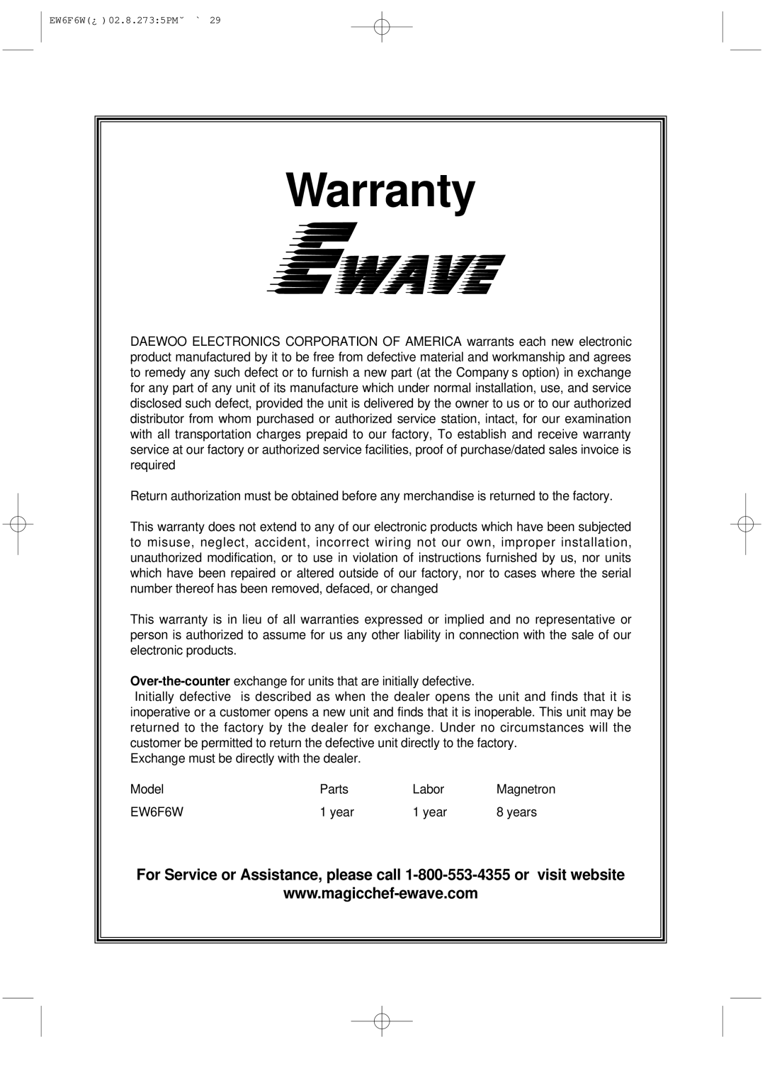 Daewoo EW6F6W instruction manual Warranty 