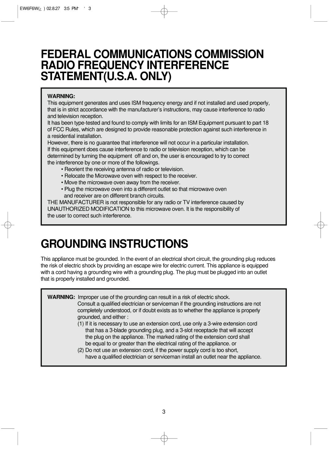 Daewoo EW6F6W instruction manual Grounding Instructions 