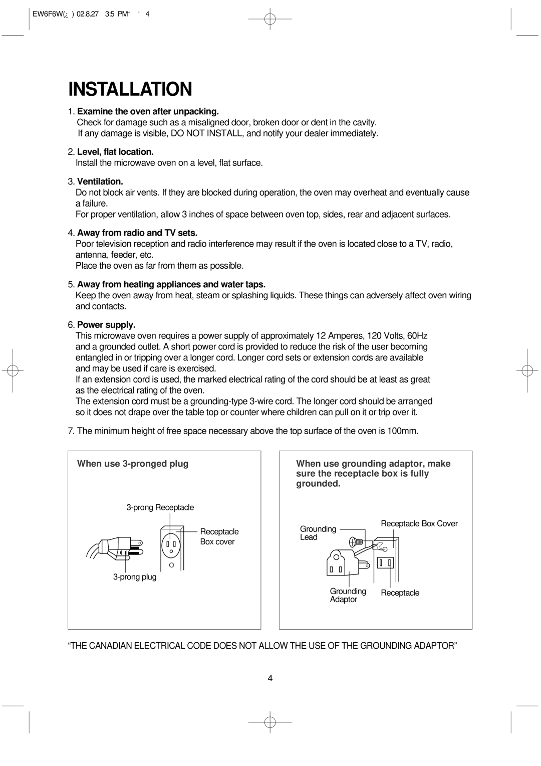 Daewoo EW6F6W instruction manual Installation, Examine the oven after unpacking 