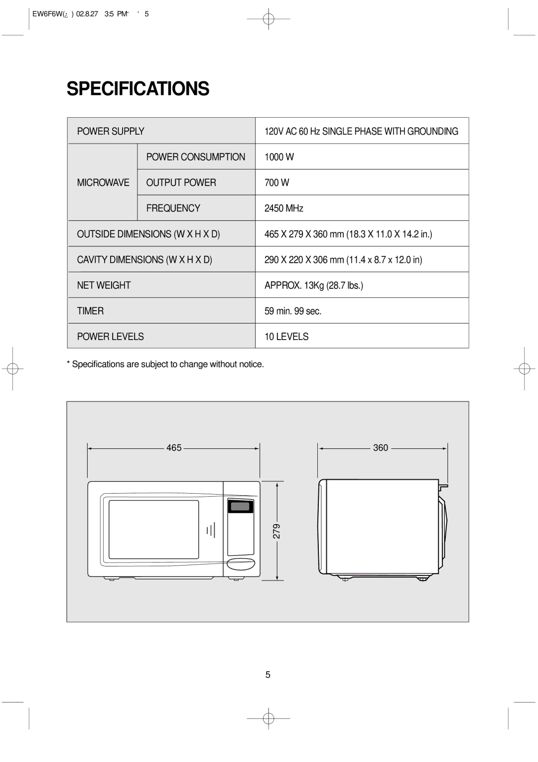 Daewoo EW6F6W instruction manual Specifications 