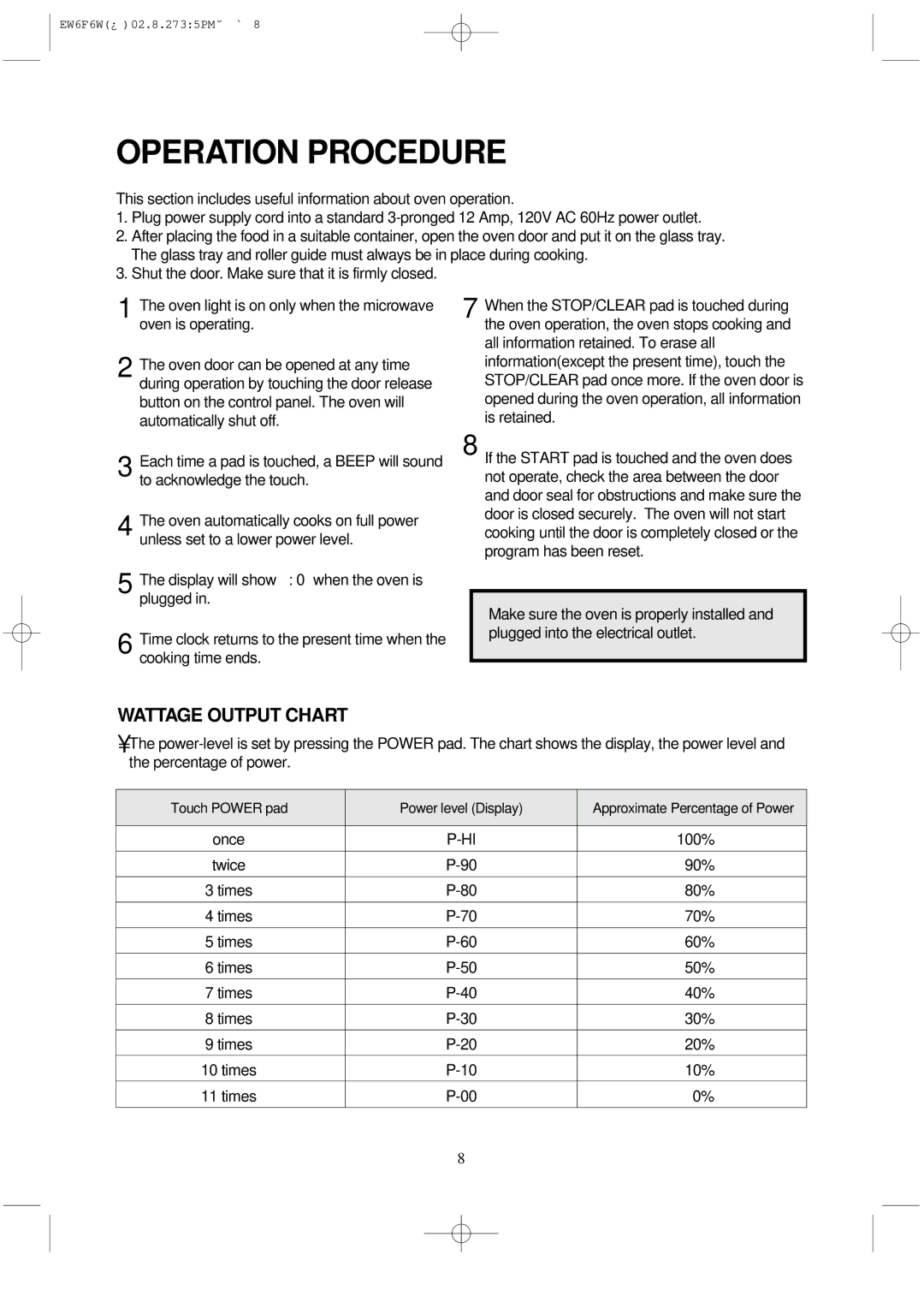 Daewoo EW6F6W instruction manual Operation Procedure, Wattage Output Chart 