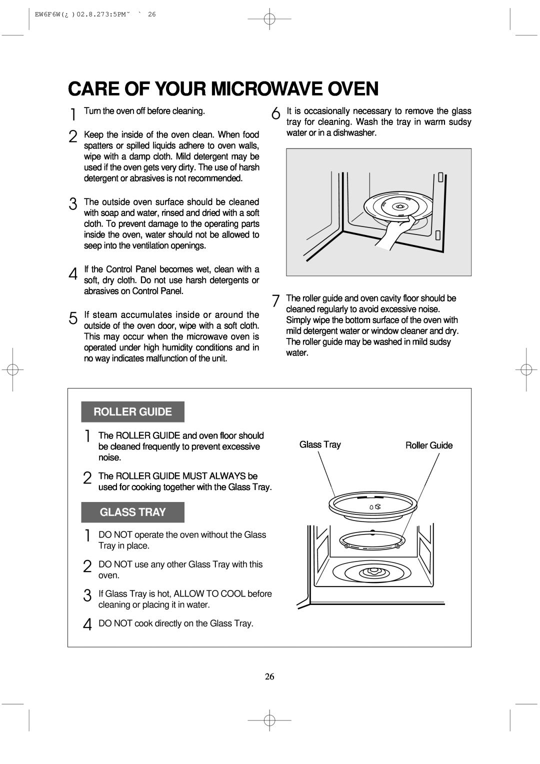 Daewoo EW6F6W instruction manual Care Of Your Microwave Oven, Roller Guide, Glass Tray 
