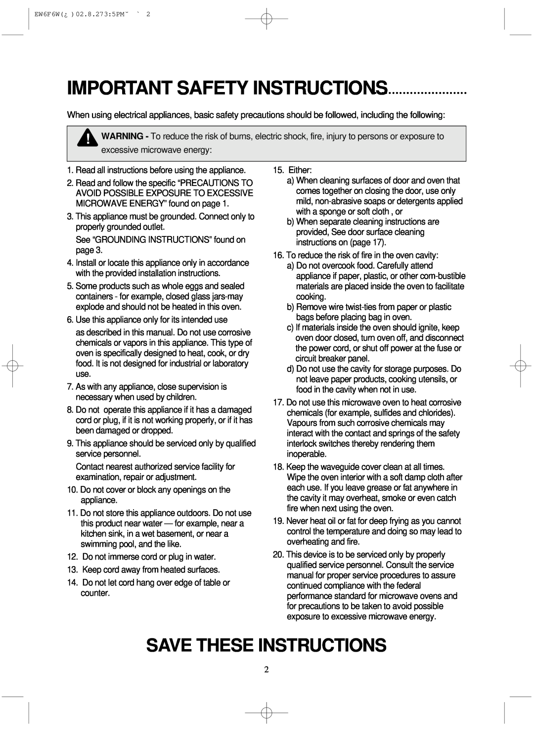 Daewoo EW6F6W instruction manual Important Safety Instructions, Save These Instructions 