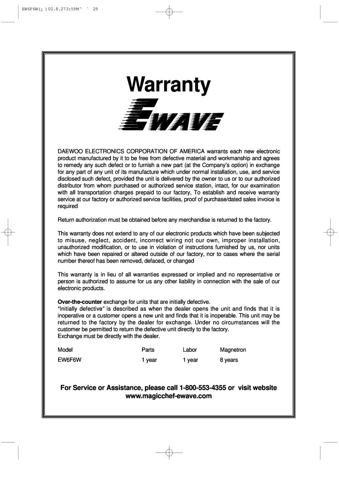Daewoo EW6F6W instruction manual Warranty 