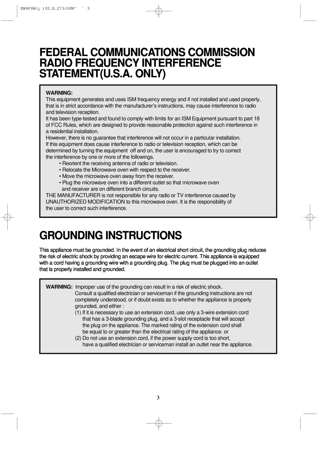 Daewoo EW6F6W instruction manual Grounding Instructions 