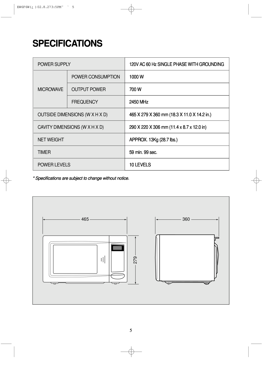 Daewoo EW6F6W instruction manual Specifications 