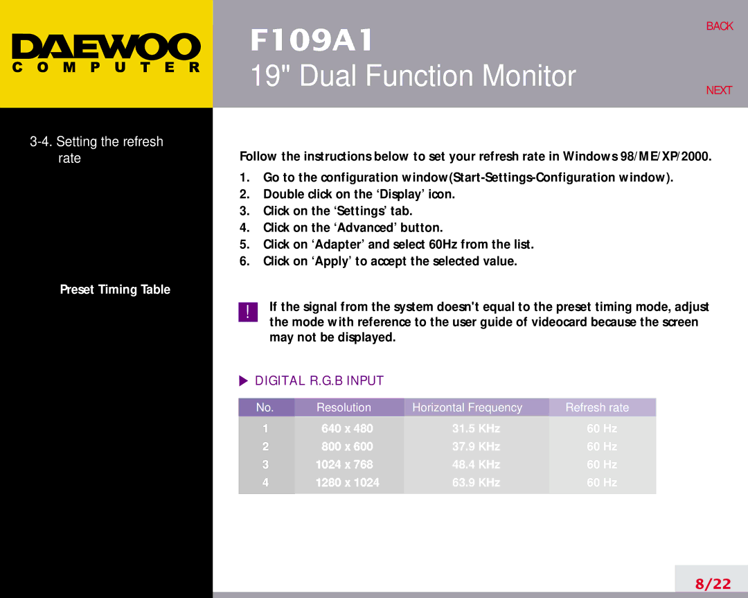 Daewoo F109A1 manual Setting the refresh rate 